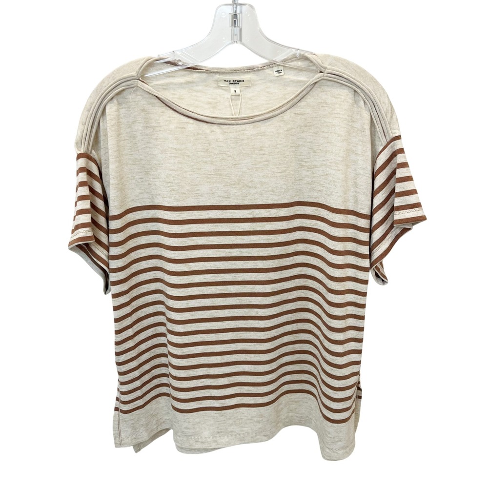 NEW Max Studio London Beige Brown Striped Short Sleeve Top Boxy Size Small